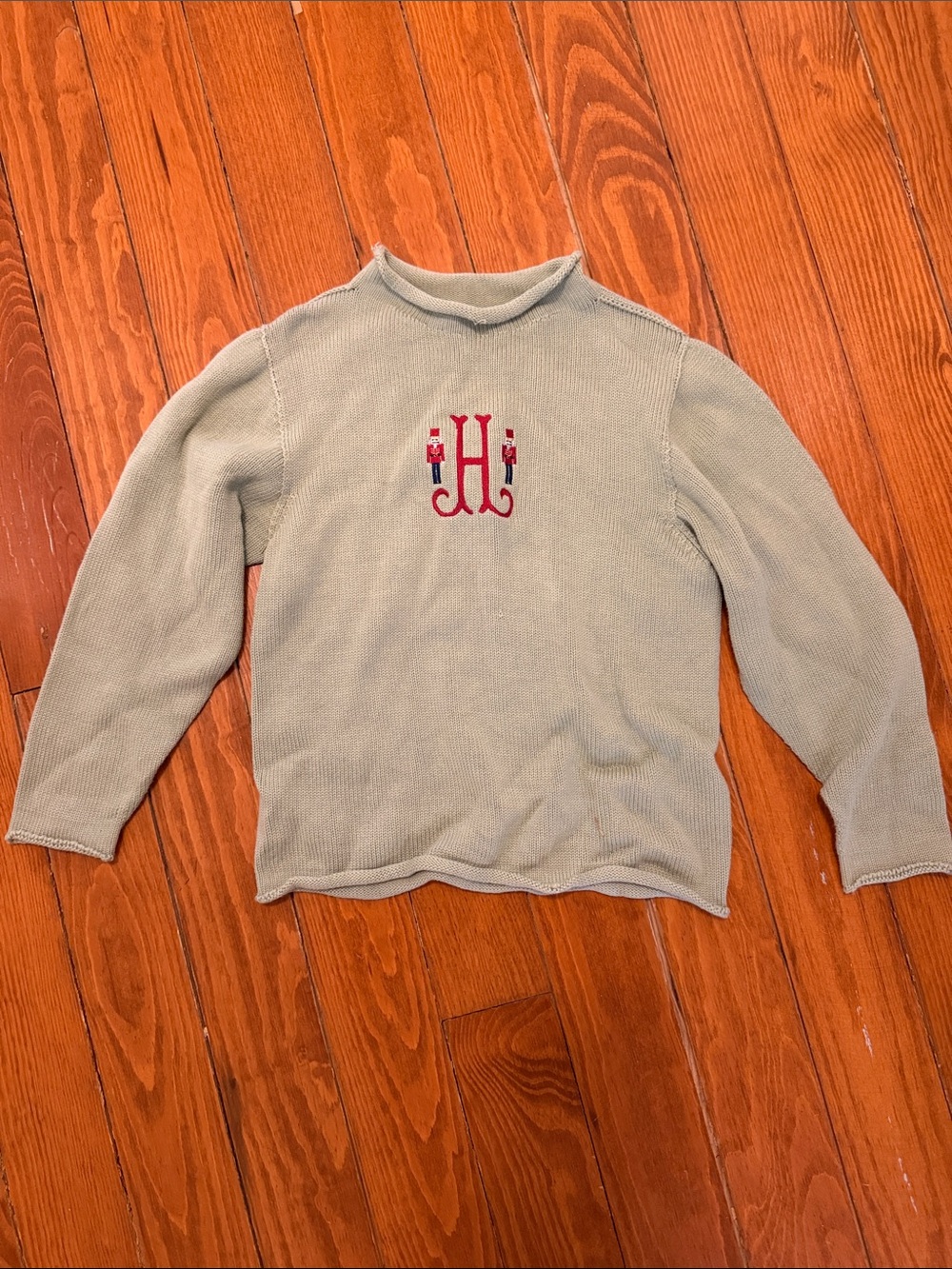 Boys Light Sage Knit Roll Neck Sweater with Red H Monogram